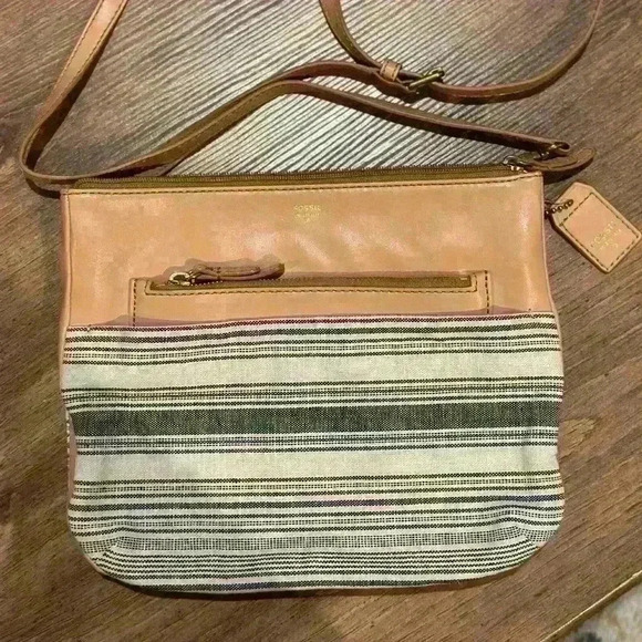 FOSSIL Issue No. 1954 Crossbody Shoulder‎ Purse Handbag Tan with Cloth - Picture 1 of 13